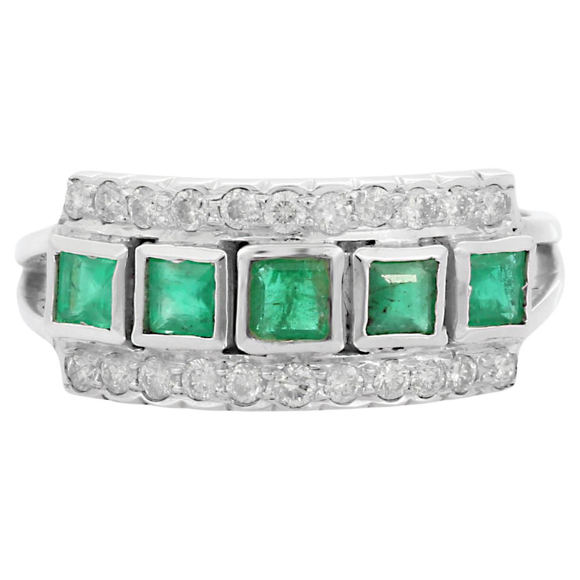 For Sale:  Statement 18k Solid White Gold Square Emerald Diamond Ring 3