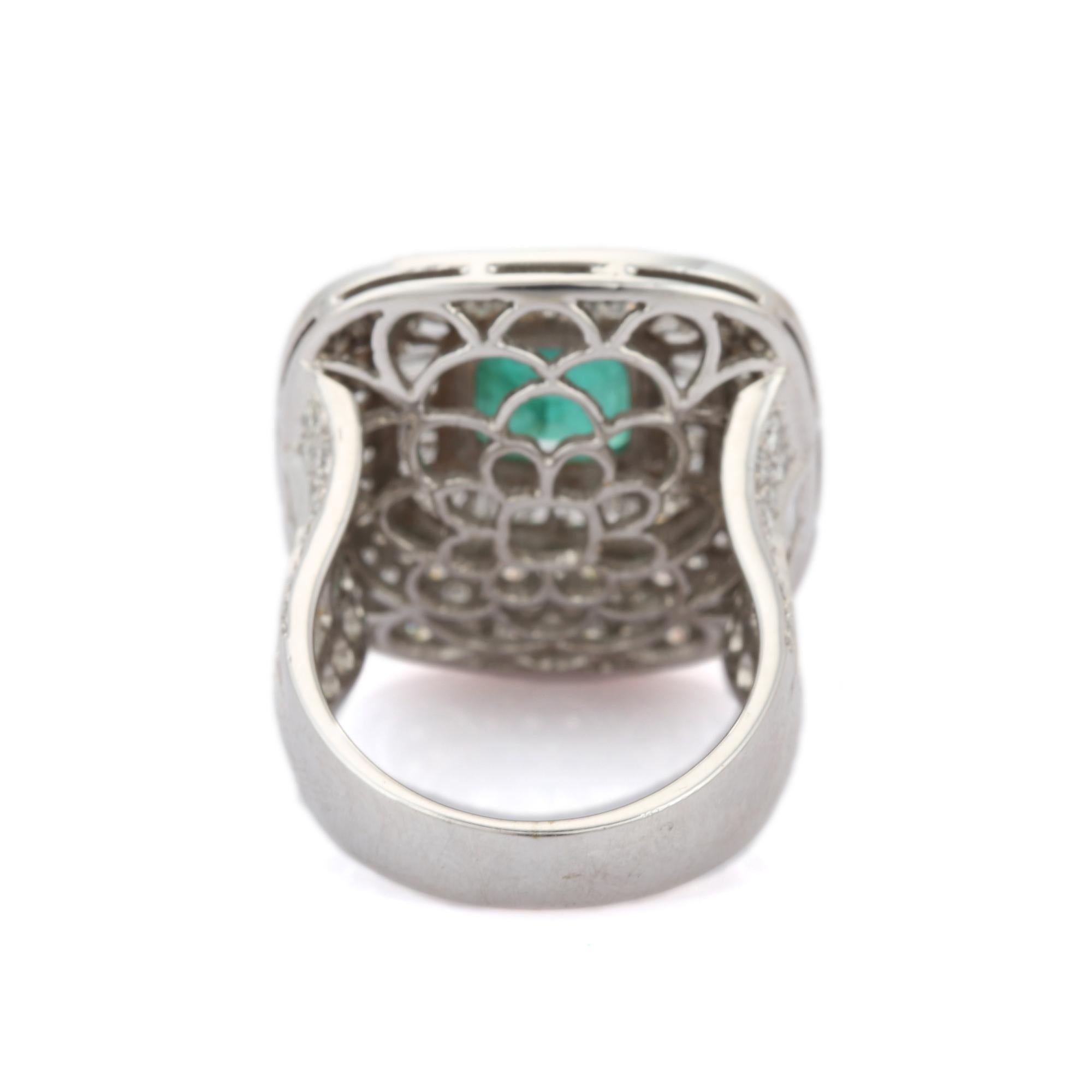For Sale:  18kt Solid White Gold Diamond Studded Big Emerald Ring For Women 6