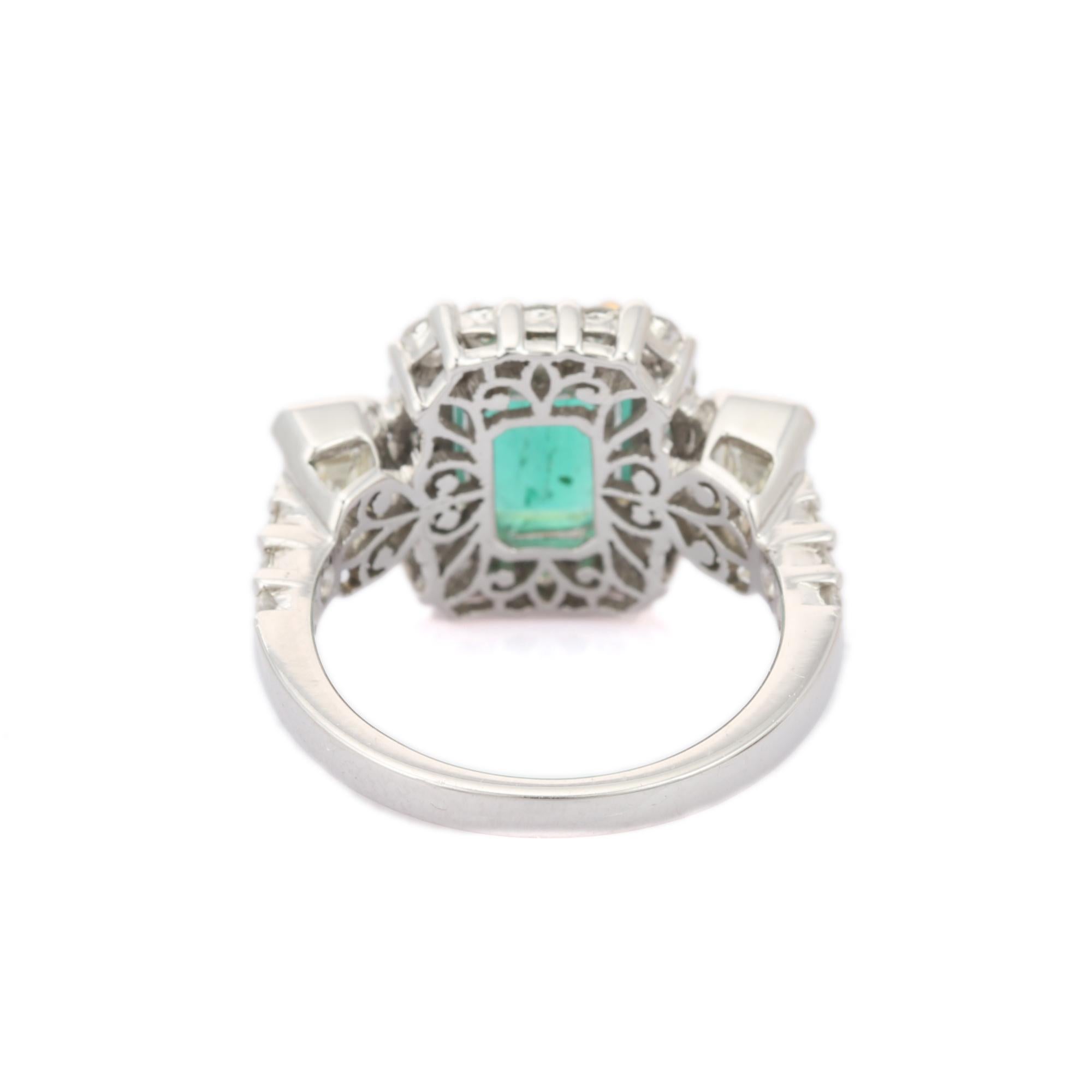 For Sale:  Three-Stone Style 18k Solid White Gold Emerald Diamond Ring 3