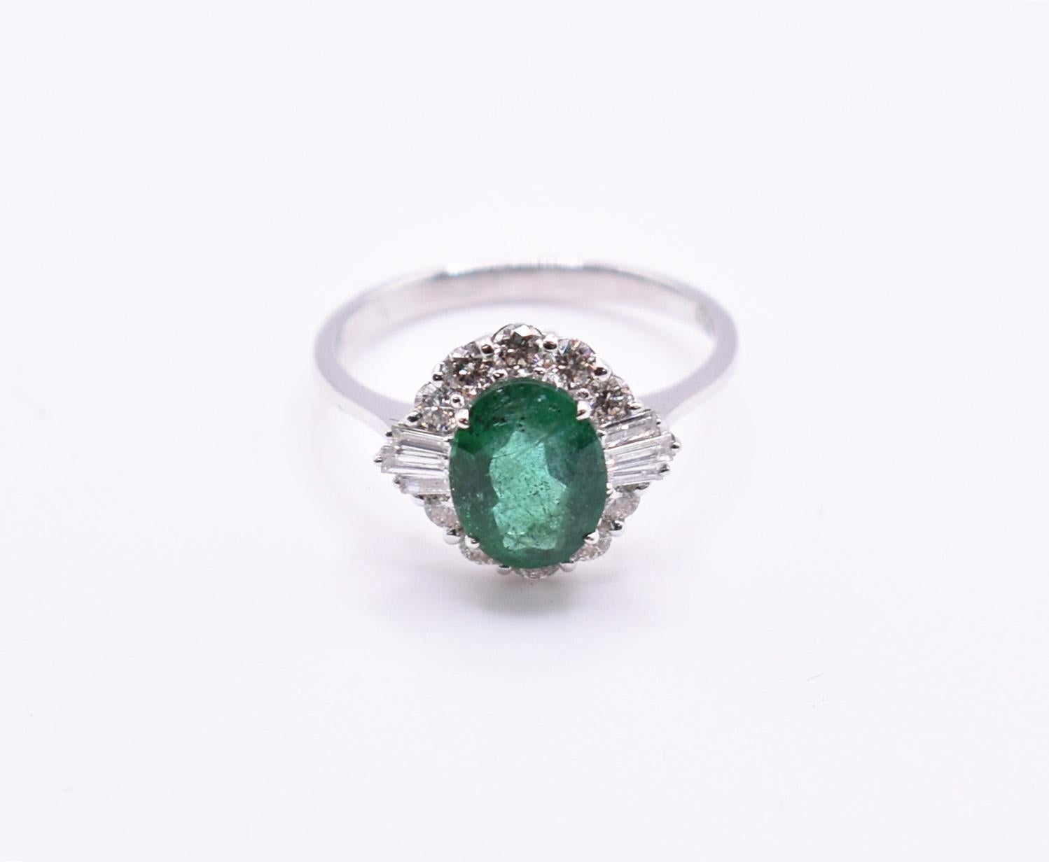 Oval Cut 18k White Gold Emerald & Diamond Ring For Sale