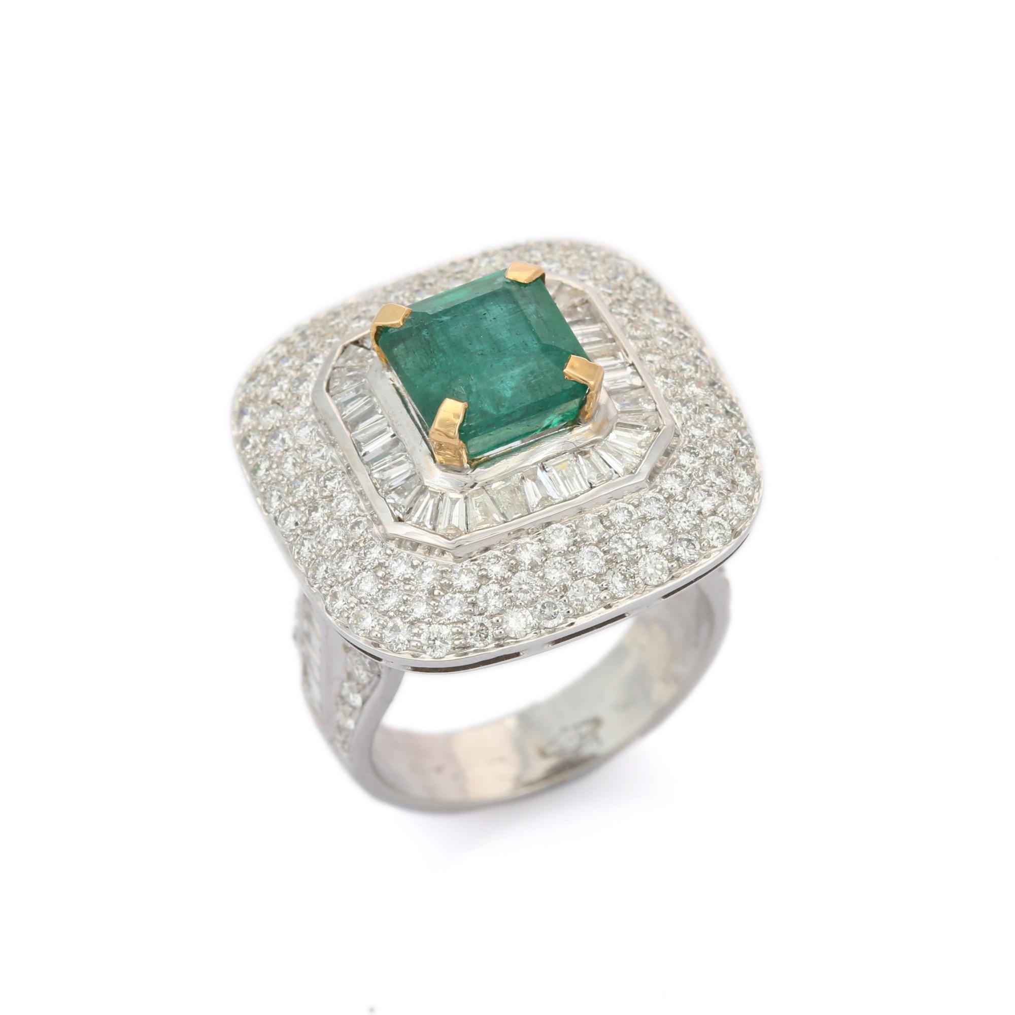 For Sale:  18kt Solid White Gold Diamond Studded Big Emerald Ring For Women 7