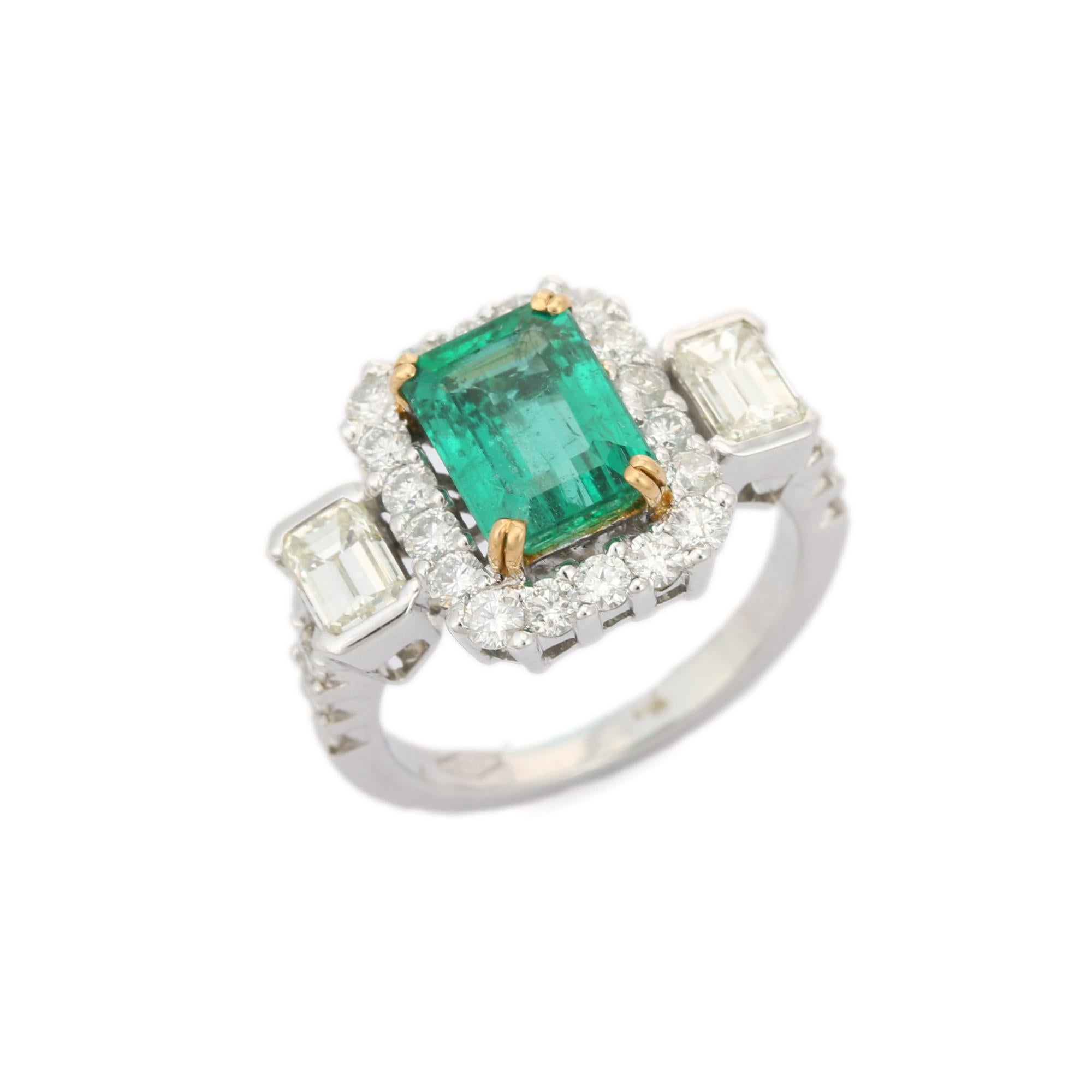 For Sale:  Three-Stone Style 18k Solid White Gold Emerald Diamond Ring 4