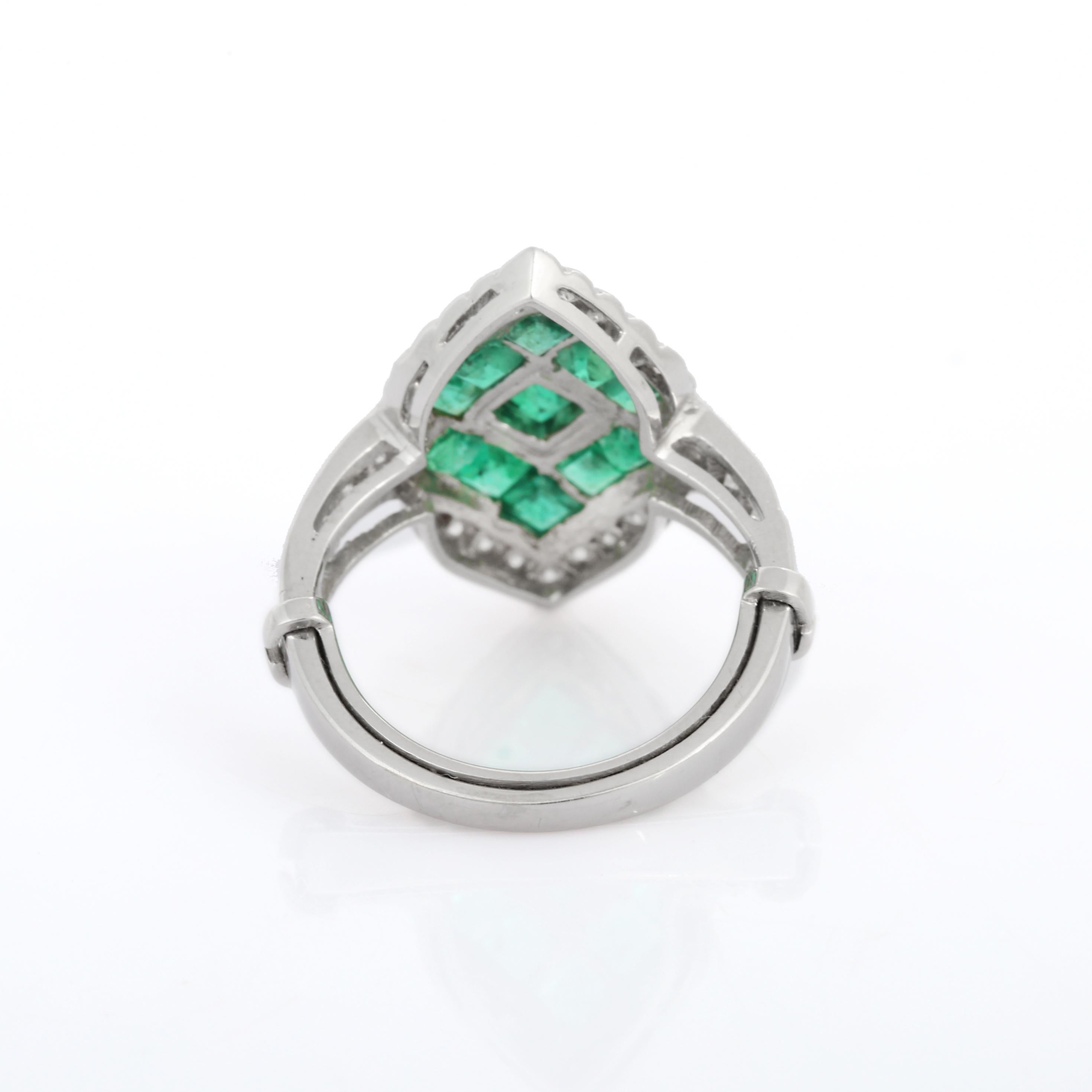 For Sale:  18k Solid White Gold Emerald Diamond Ring, Fine Emerald Ring 9