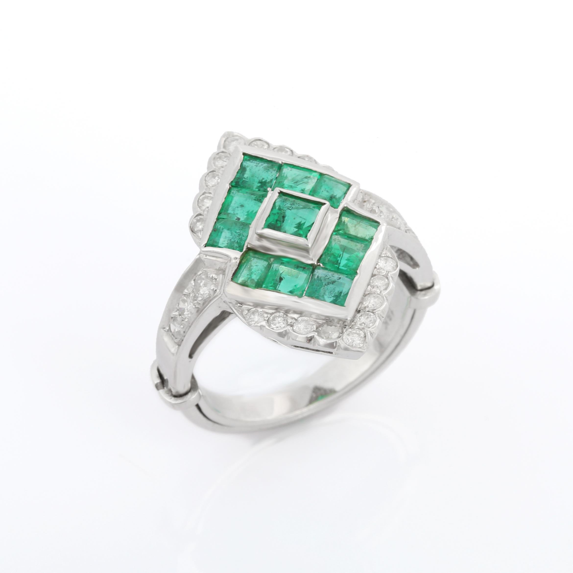 For Sale:  18k Solid White Gold Emerald Diamond Ring, Fine Emerald Ring 6