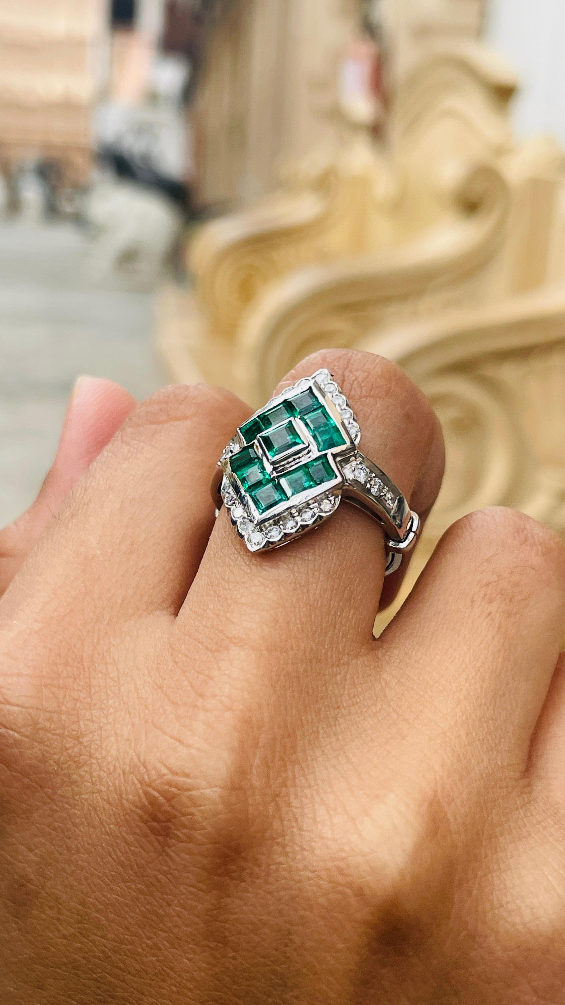 For Sale:  18k Solid White Gold Emerald Diamond Ring, Fine Emerald Ring 5