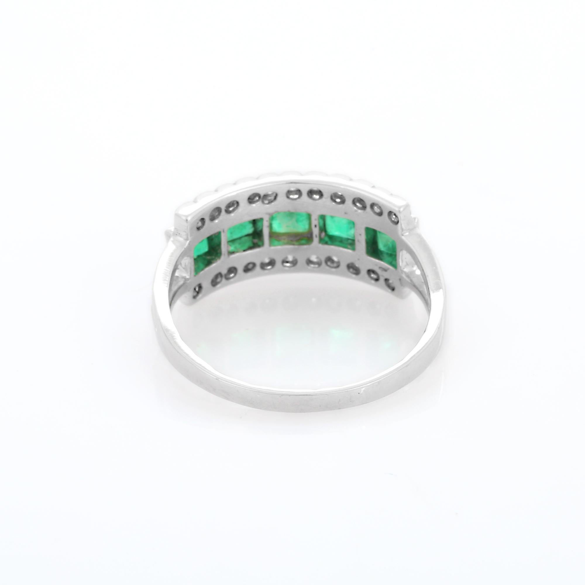 For Sale:  Statement 18k Solid White Gold Square Emerald Diamond Ring 7