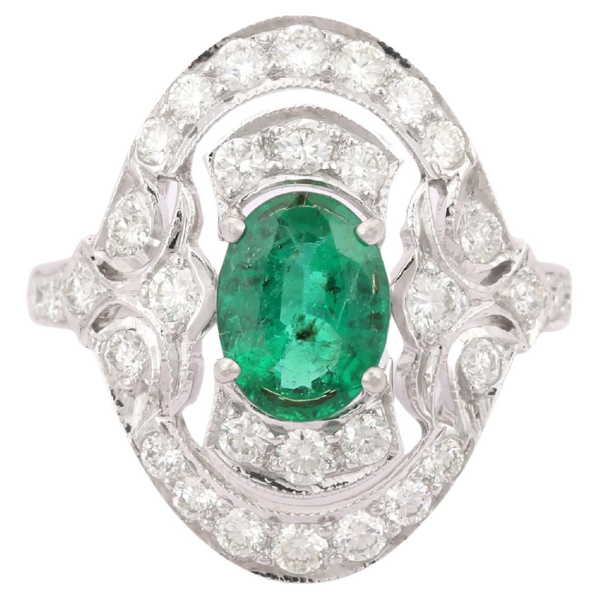 18kt Solid White Gold Art Deco Emerald Diamond Ring