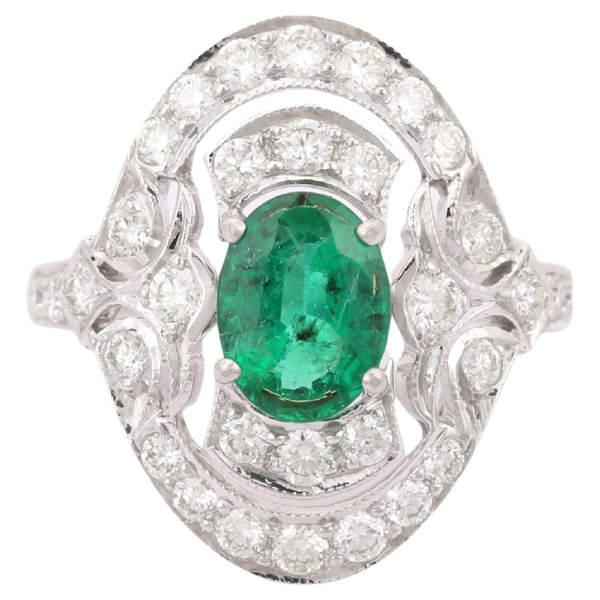 Anillo de diamantes esmeralda Art Decó de oro blanco macizo de 18 quilates