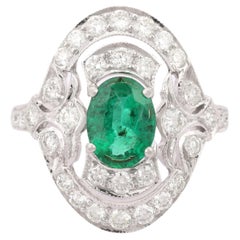 18 Karat massives Weißgold Art Deco Smaragd-Diamant-Ring