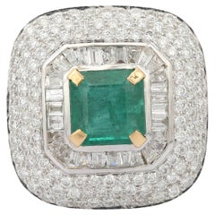 18kt Solid White Gold Diamond Studded Big Emerald Ring For Women