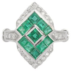Anillo Esmeralda Diamante Oro Blanco Macizo 18k, Anillo Esmeralda Fina