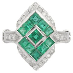 18k Solid White Gold Emerald Diamond Ring, Fine Emerald Ring