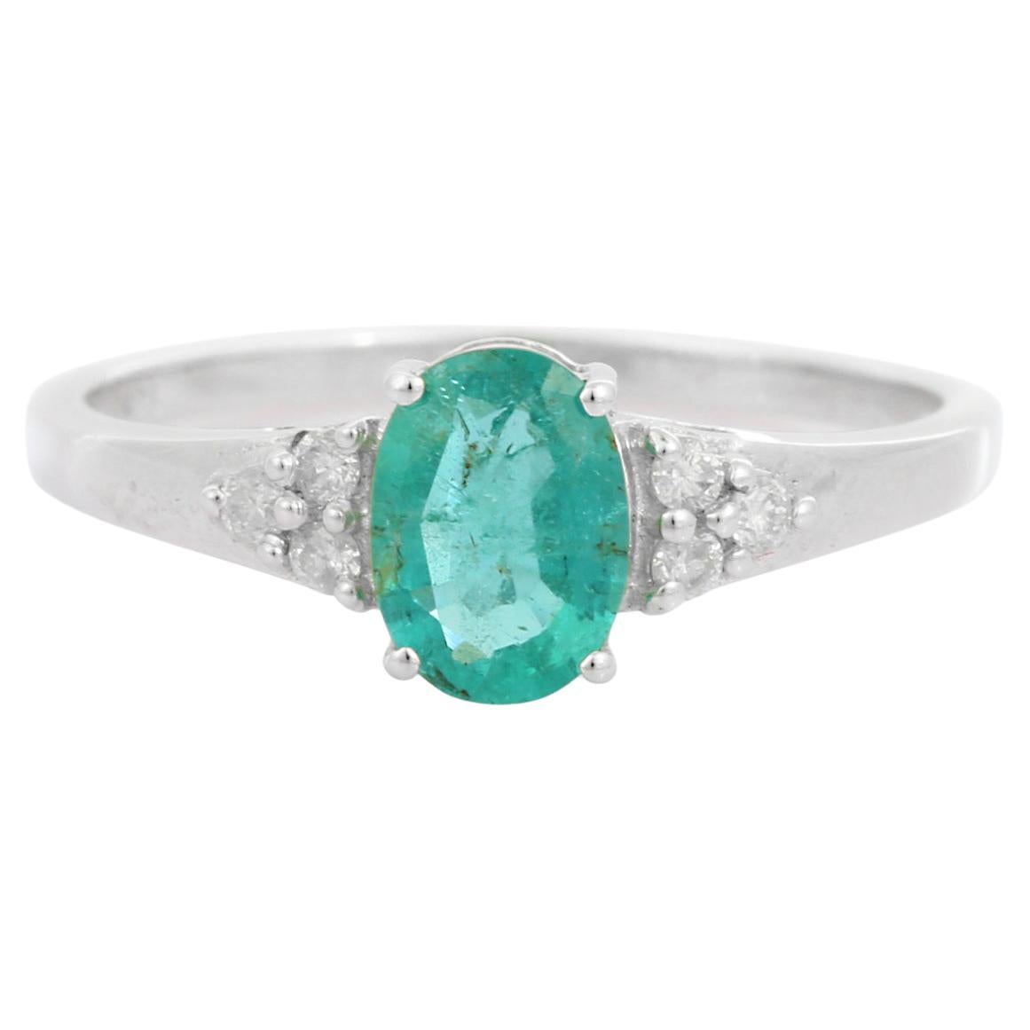 18k Solid White Gold Emerald Diamond Engagement Ring, Emerald Ring