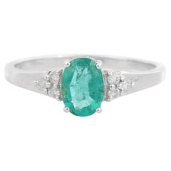 18k Solid White Gold Emerald Diamond Engagement Ring, Emerald Ring