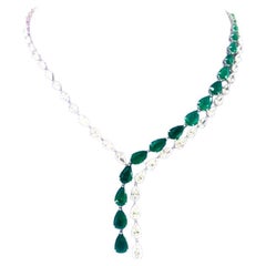 18K White Gold Emerald & Diamond Split Drop Necklace 30.00 carat Total Weight