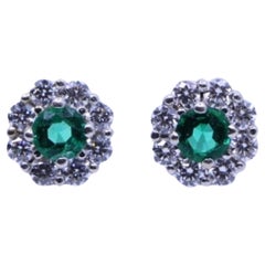 Vintage 18K White Gold Emerald Diamonds Stud Earrings