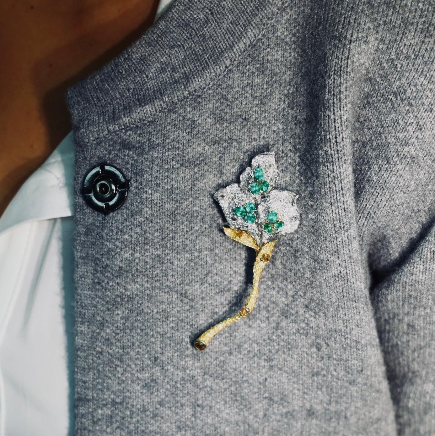 Cushion Cut 18K White Gold Emerald Flower Brooch with Diamonds & Fancy Diamonds For Sale
