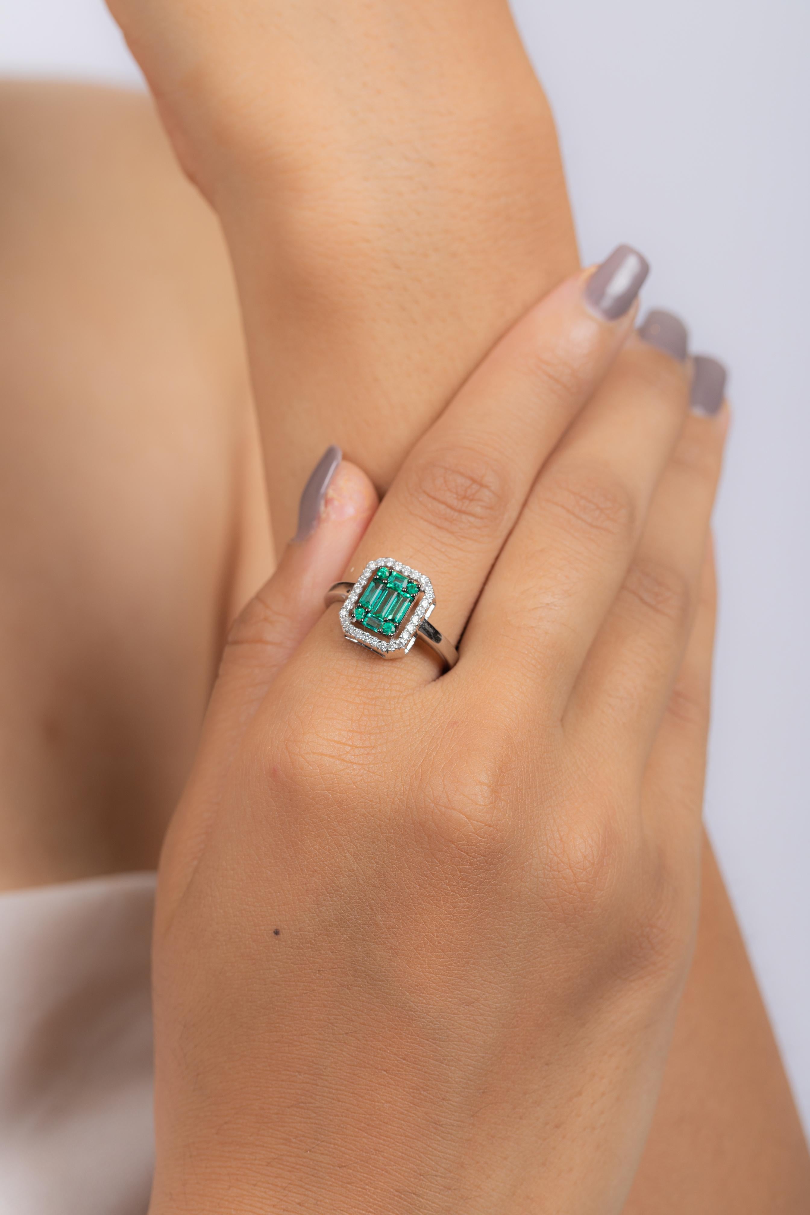 For Sale:  18k Solid White Gold Emerald Cluster Engagement Ring with Diamonds 4