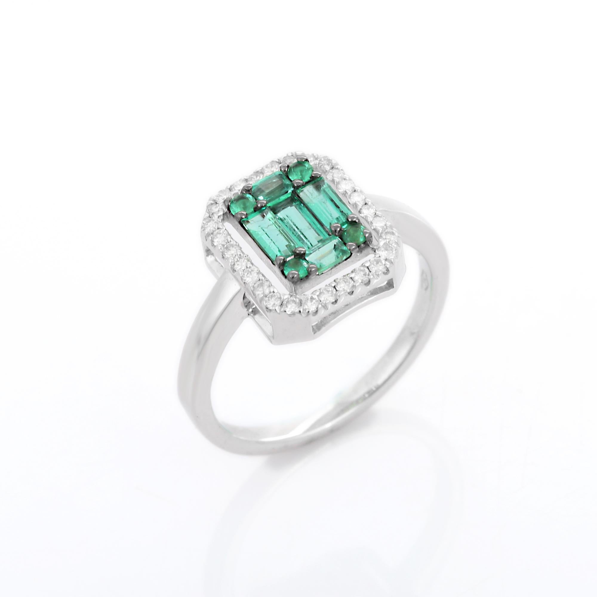 For Sale:  18k Solid White Gold Emerald Cluster Engagement Ring with Diamonds 8