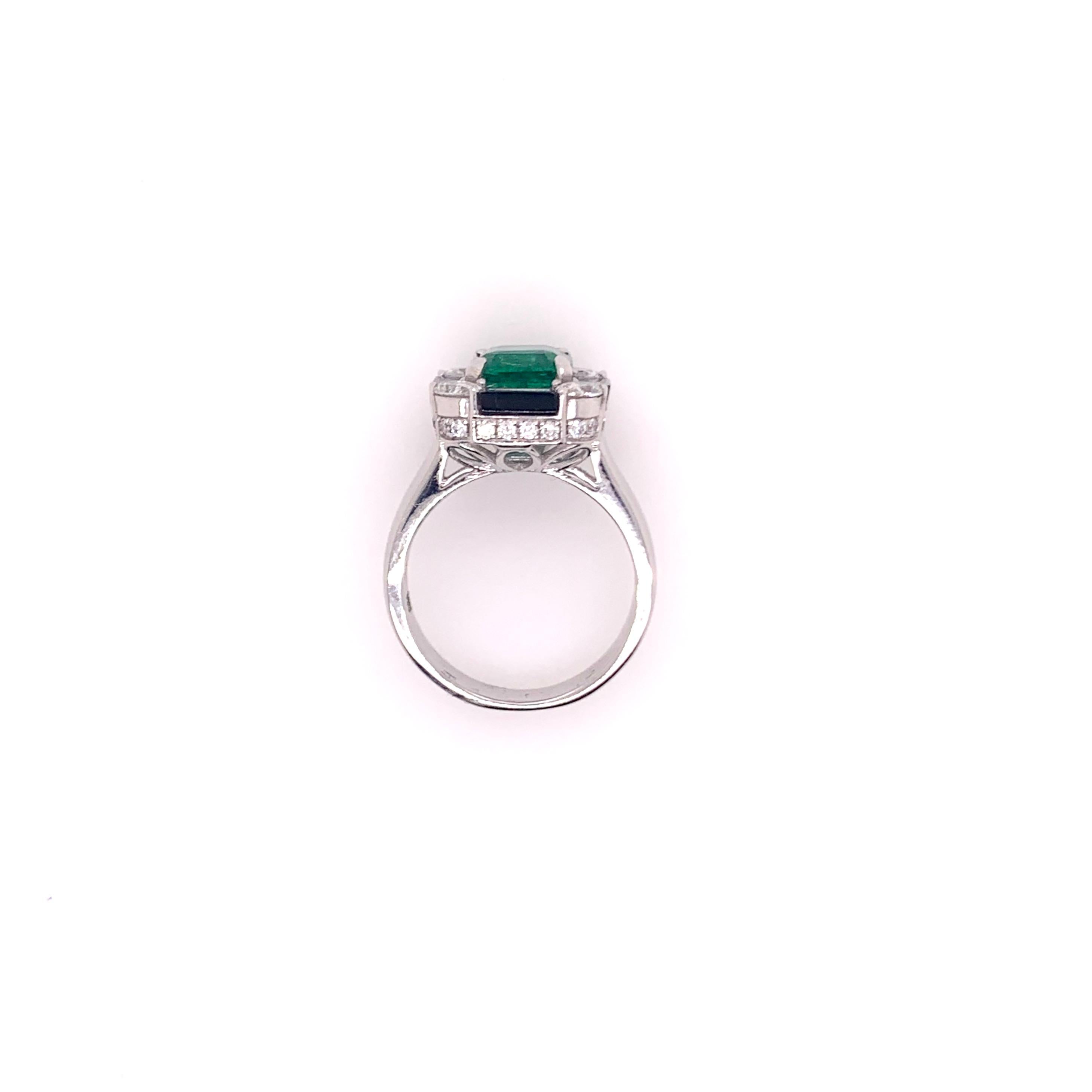 Emerald Cut 18k White Gold Emerald Onyx Diamond Retro Cocktail Ring