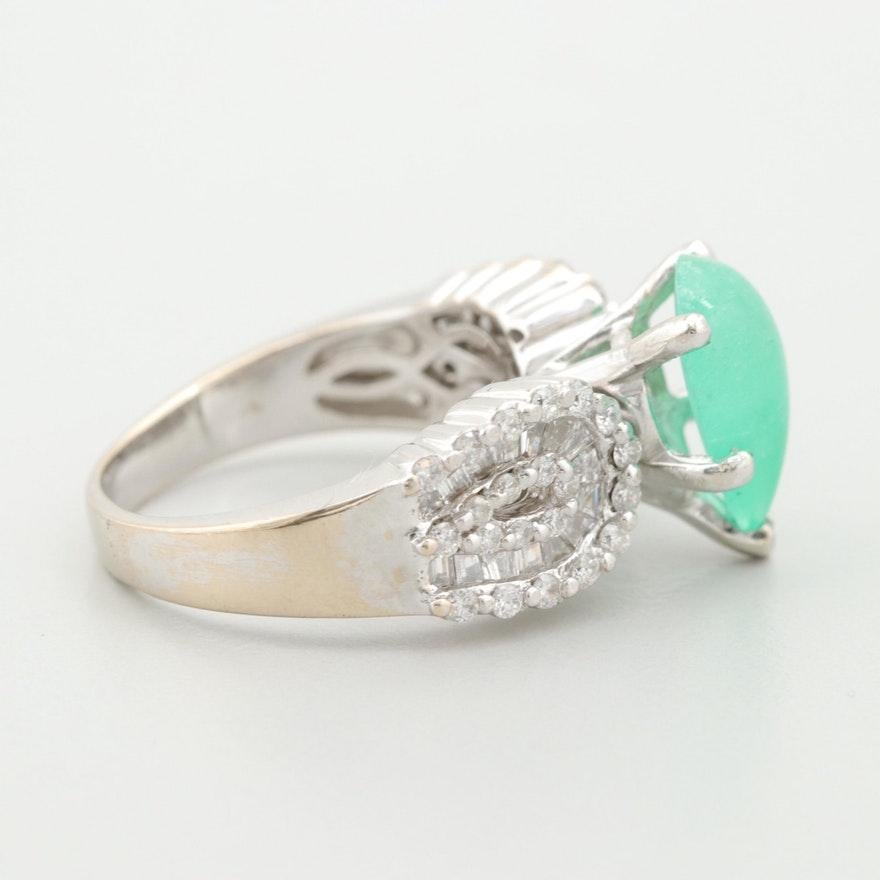 18 Karat White Gold Emerald Pear and Diamond Round Baguette Ring For Sale 1