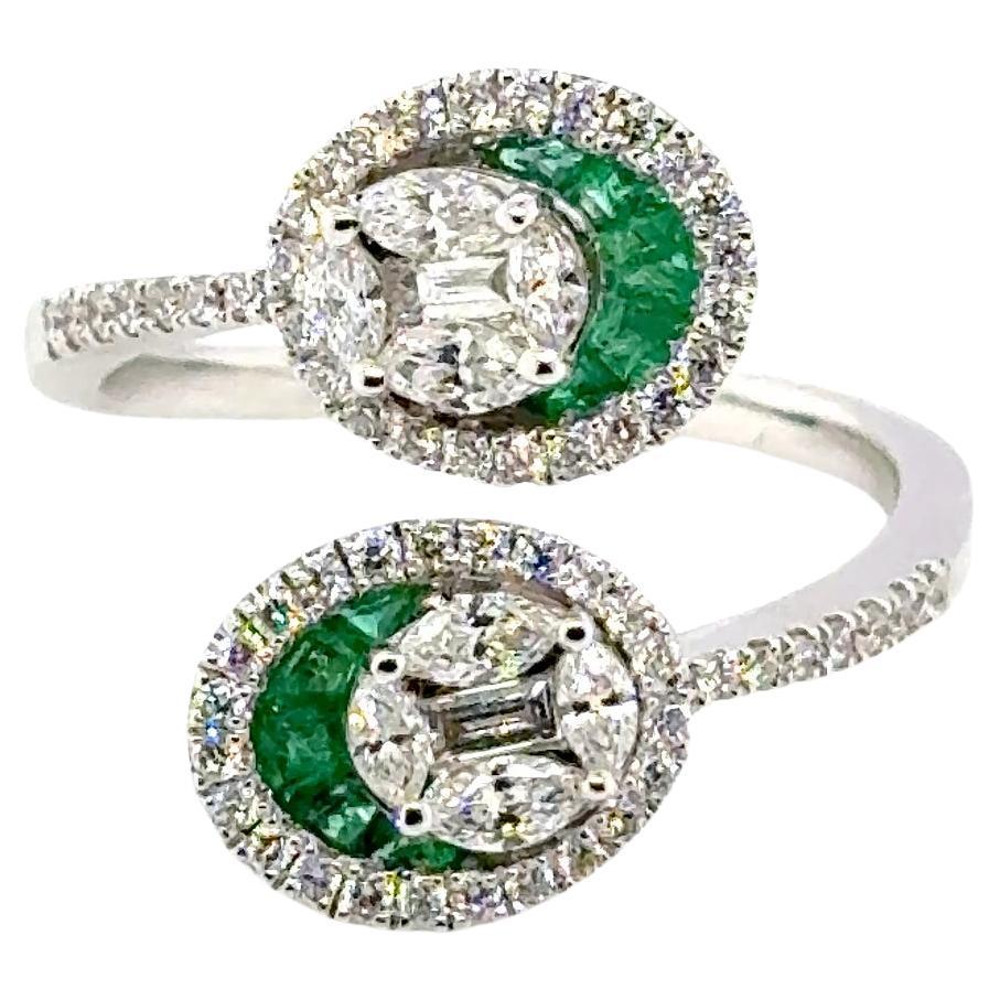 18k White Gold Emerald Princess Cut Cts 0.56 and Diamond Halo Engagement Ring For Sale