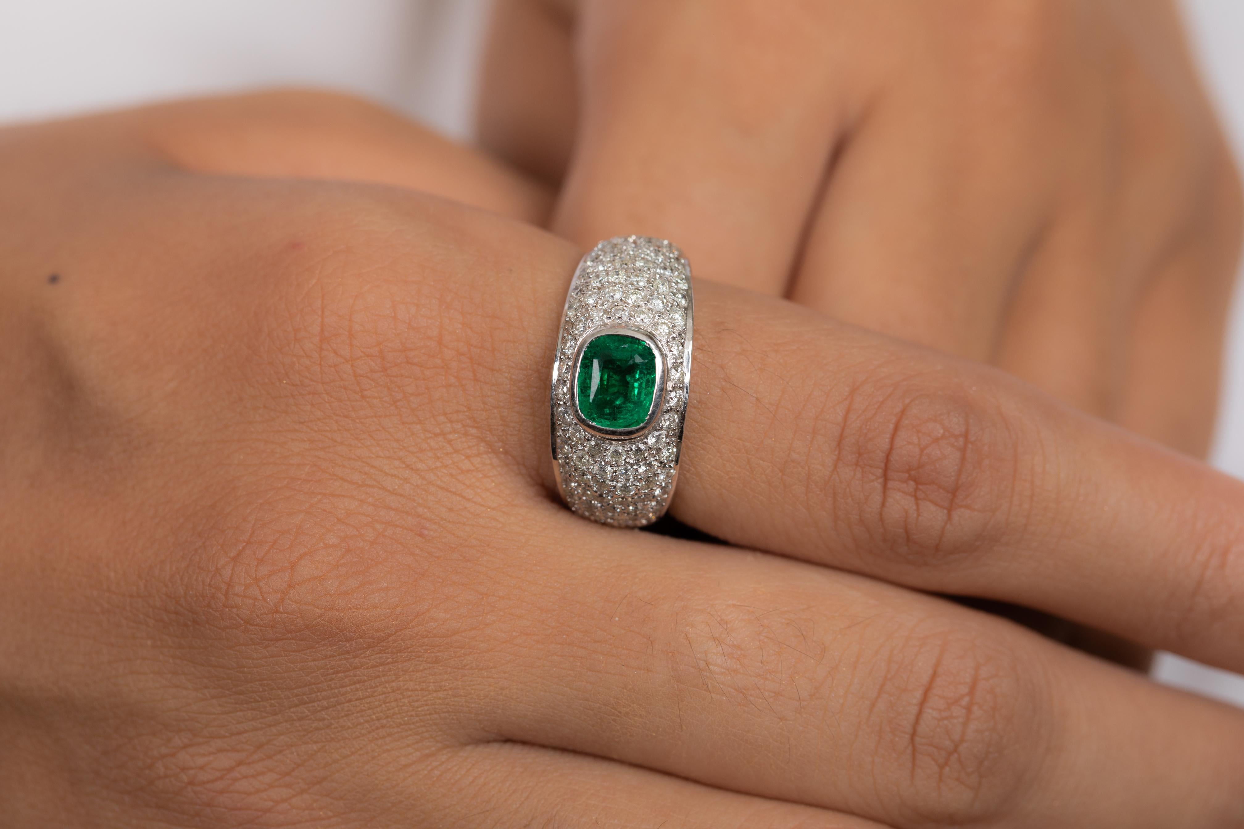 For Sale:  18K White Gold Emerald Ring Along with Clustered Diamonds  3