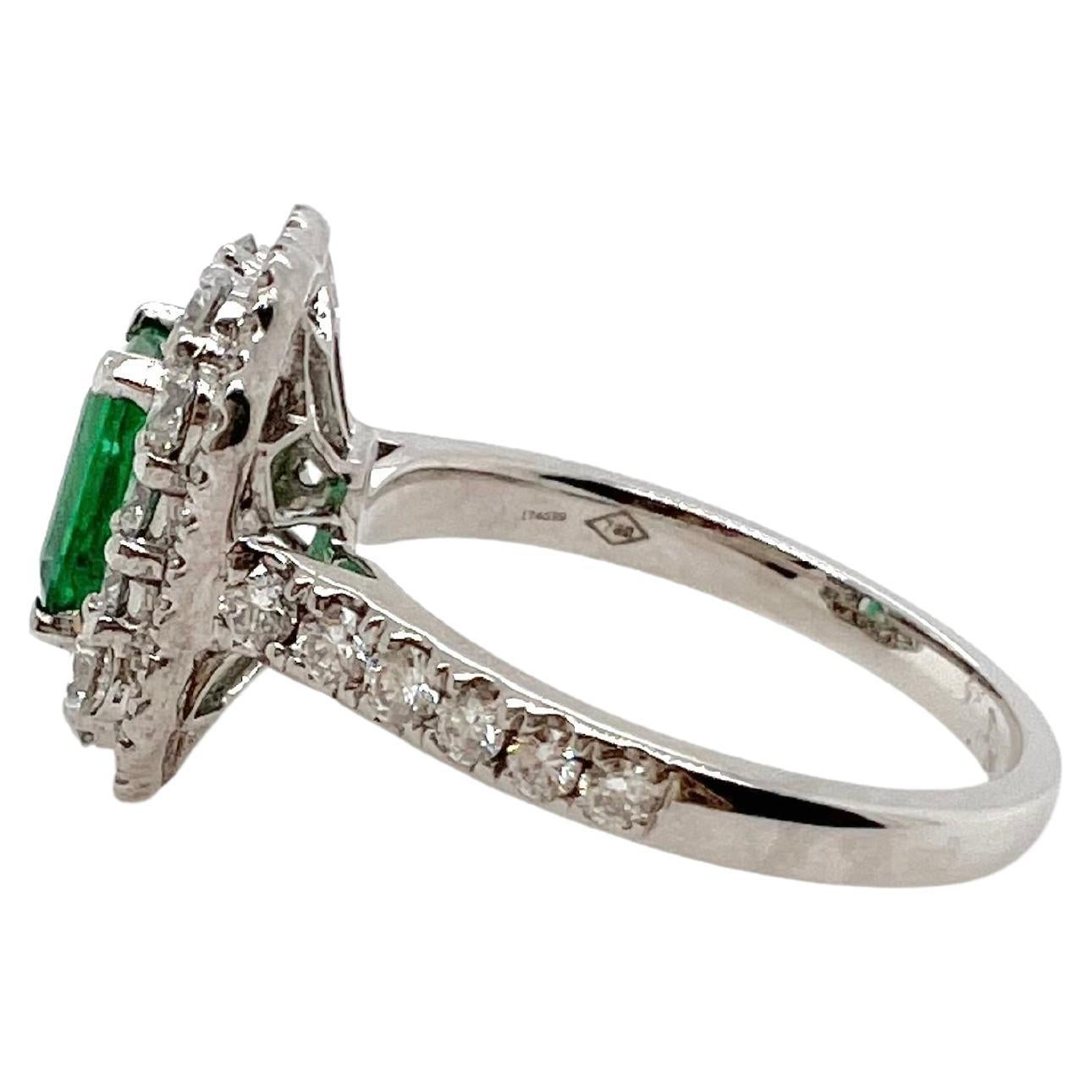This classic emerald ring is surrounded by brilliant round diamonds in this beautiful 18k white gold mounting.  The white, dazzling diamonds contrast the vibrant emerald!  This is a must-have for anyone's jewelry collection.


Size: 6.25 / can be