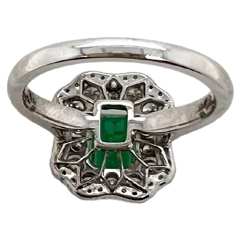 Emerald Cut 18k White Gold Emerald Ring with Diamonds For Sale