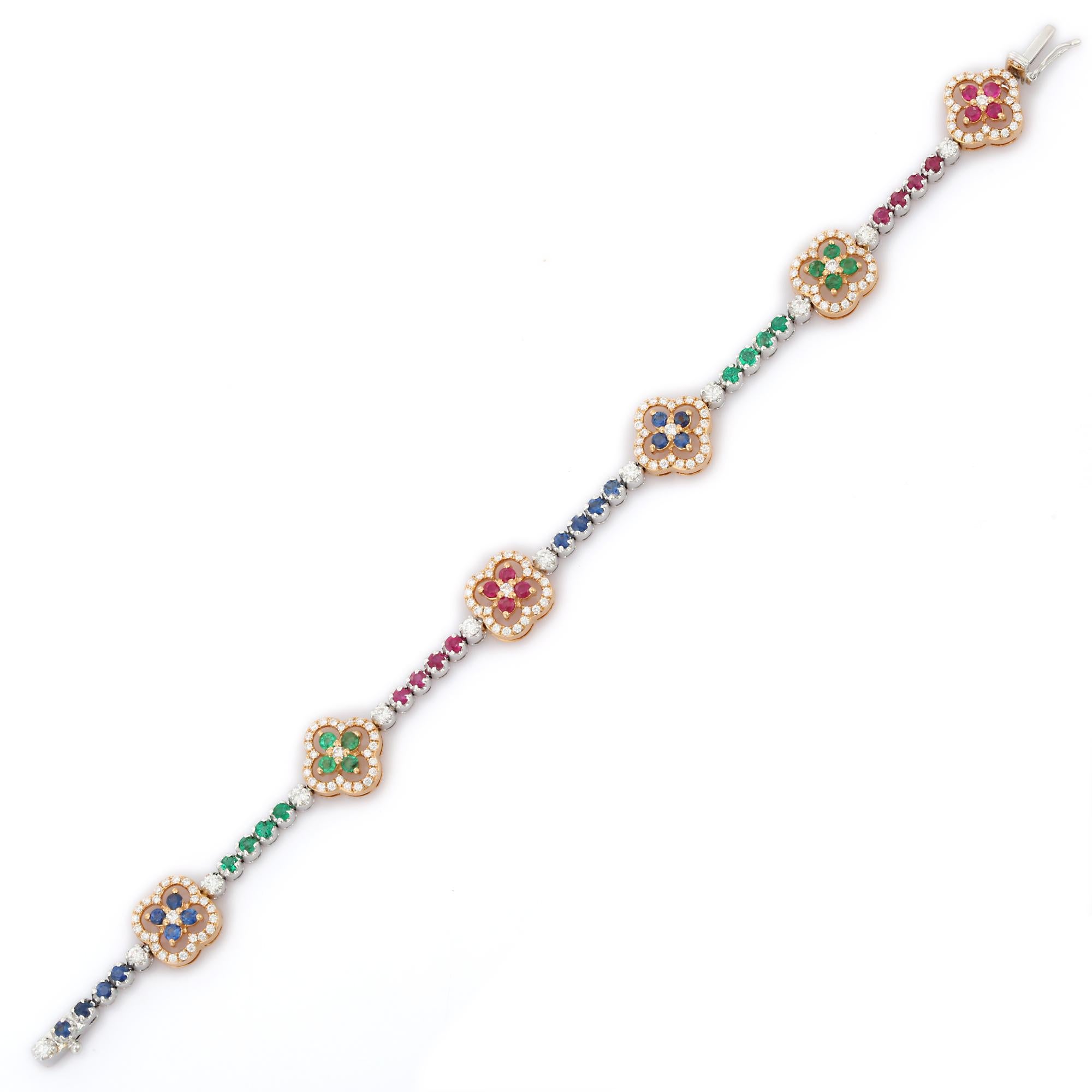 Modern 18K White Gold Emerald, Ruby and Blue Sapphire Diamond Bracelet