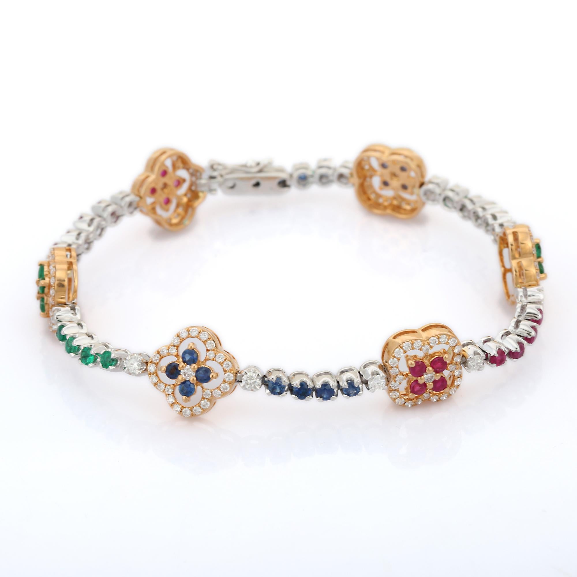18K White Gold Emerald, Ruby and Blue Sapphire Diamond Bracelet 1
