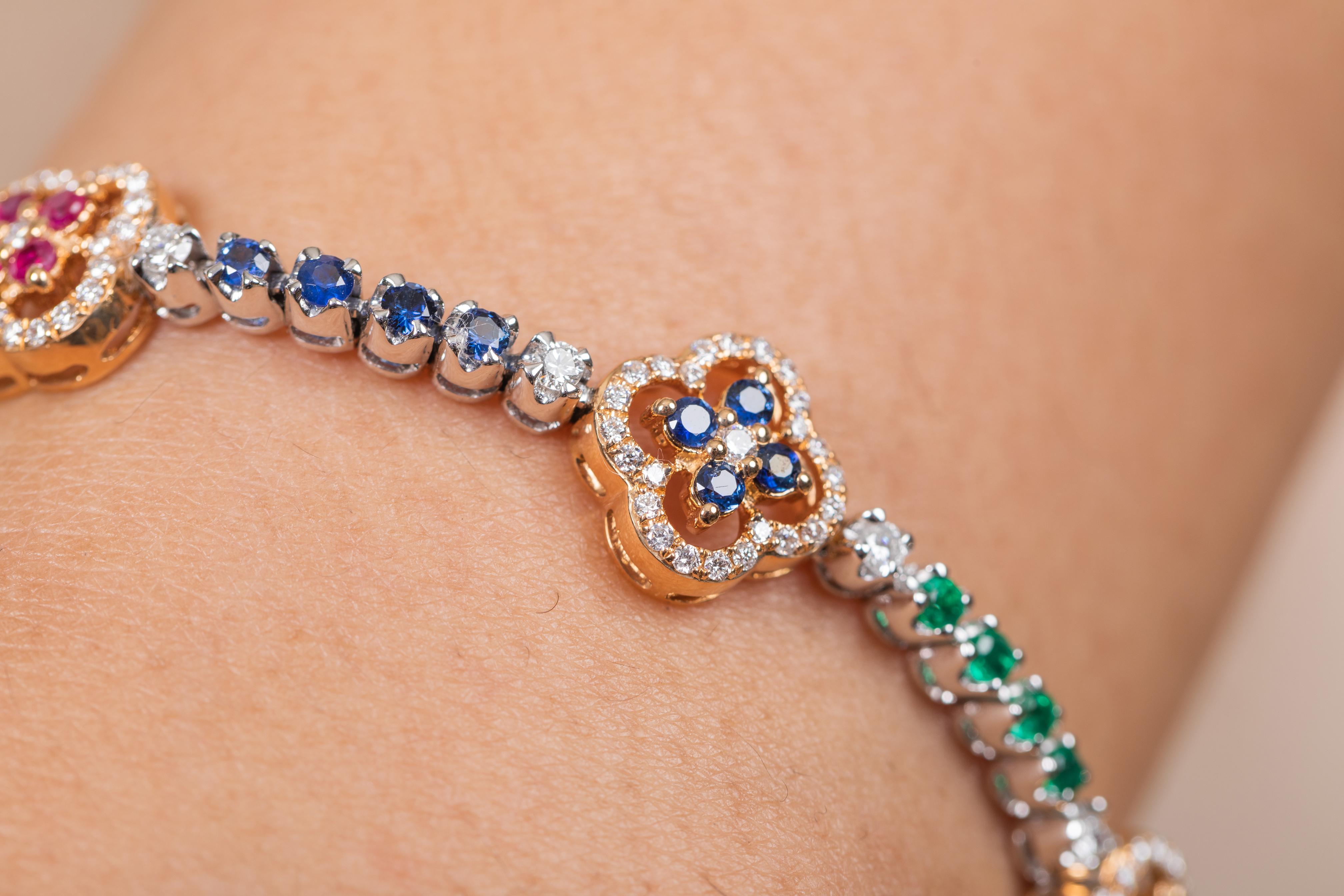 18K White Gold Emerald, Ruby and Blue Sapphire Diamond Bracelet 3