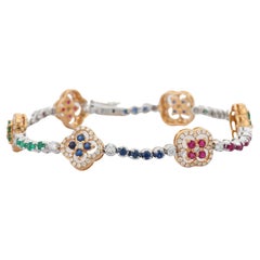 18K White Gold Emerald, Ruby and Blue Sapphire Diamond Bracelet