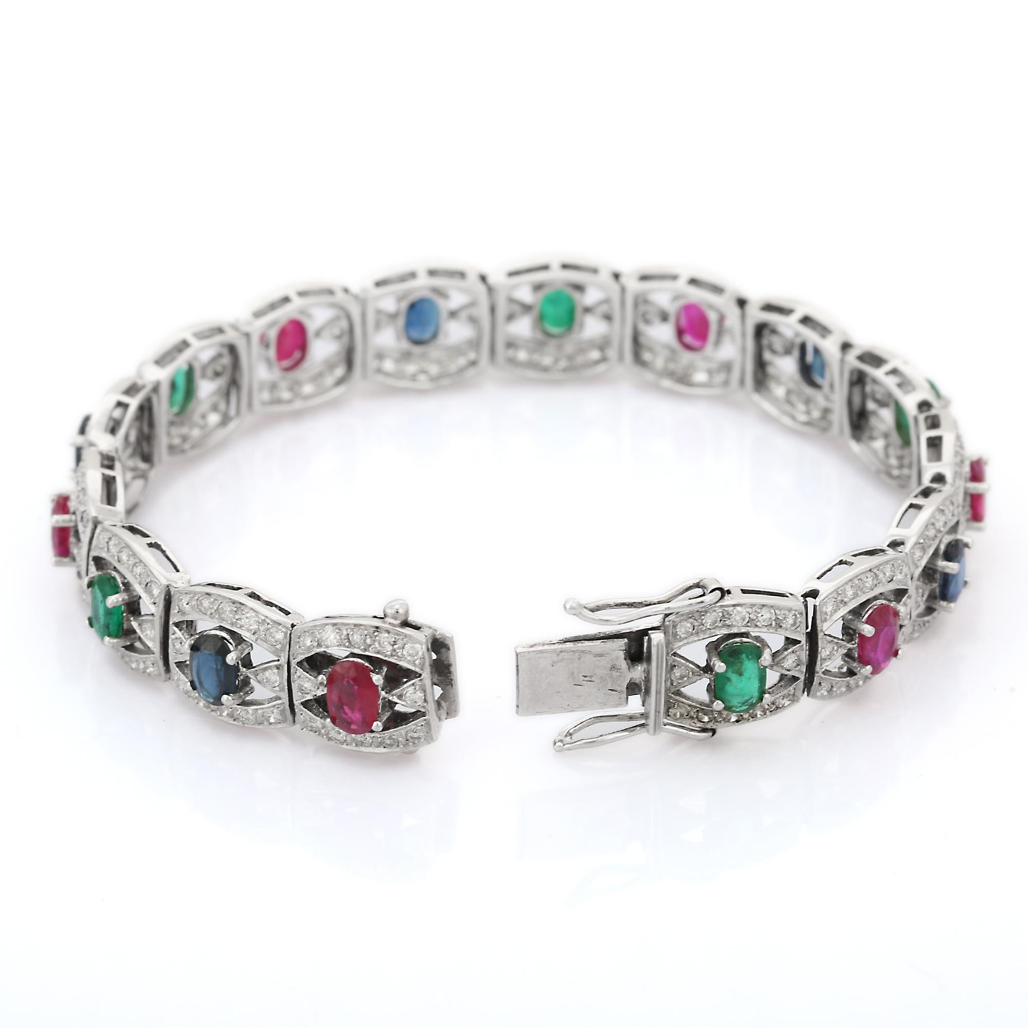 Oval Cut 18K White Gold Emerald, Ruby, Blue Sapphire and Diamond Bracelet For Sale
