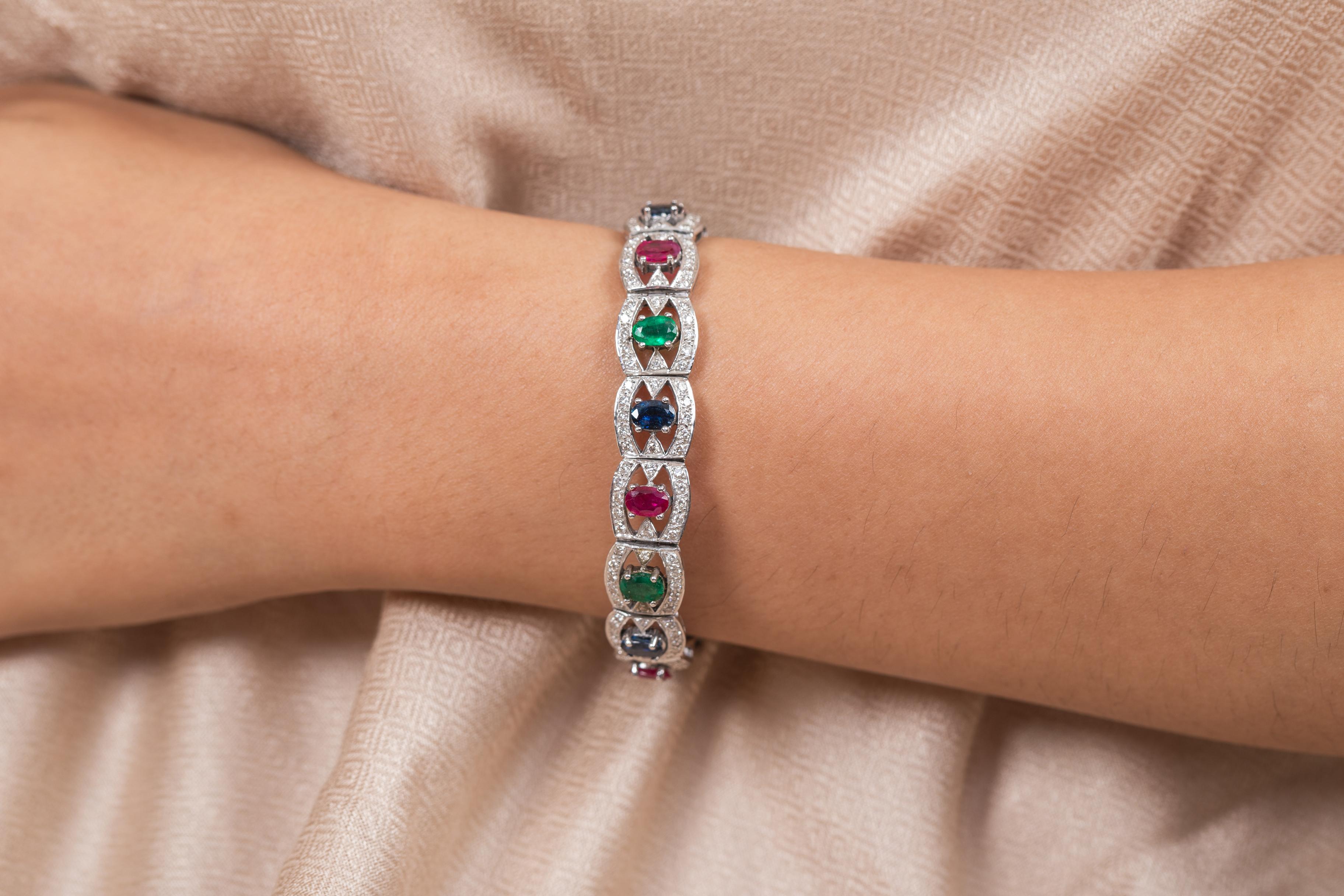 Modern 18K White Gold Emerald, Ruby, Blue Sapphire and Diamond Bracelet For Sale