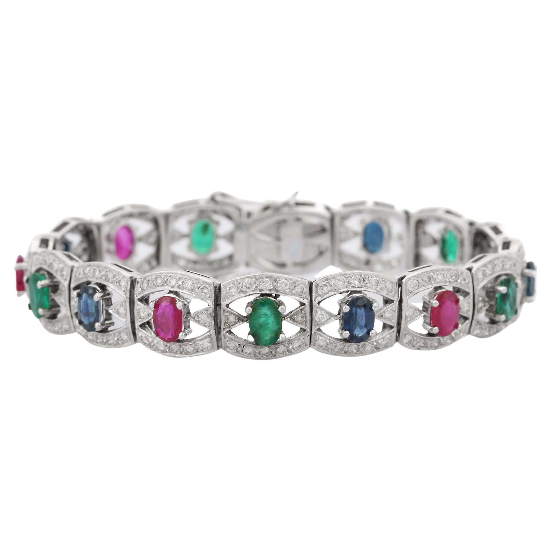18K White Gold Emerald, Ruby, Blue Sapphire and Diamond Bracelet