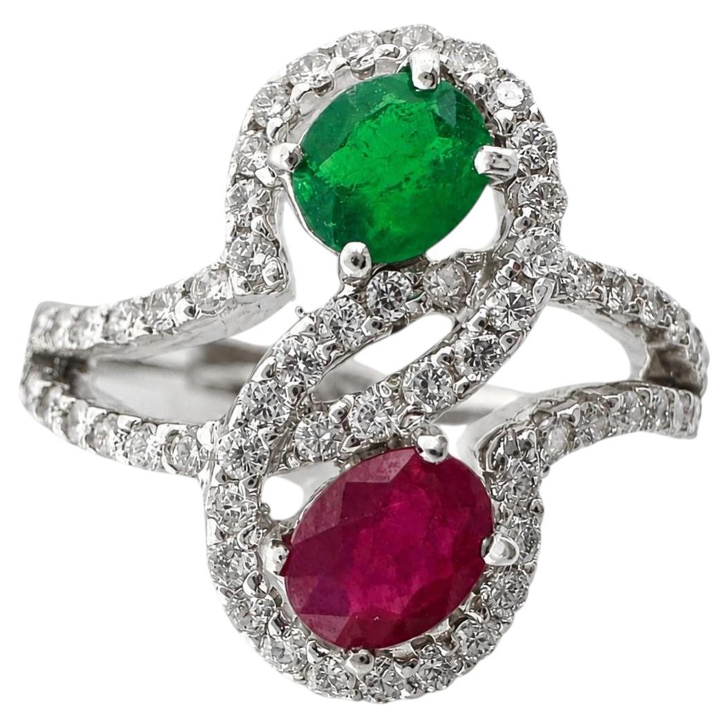 18K White Gold Emerald, Ruby and Diamond Ring - Size 7 For Sale