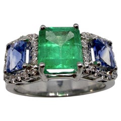 18K White Gold Emerald, Sapphire and Diamond Wide Band Ring