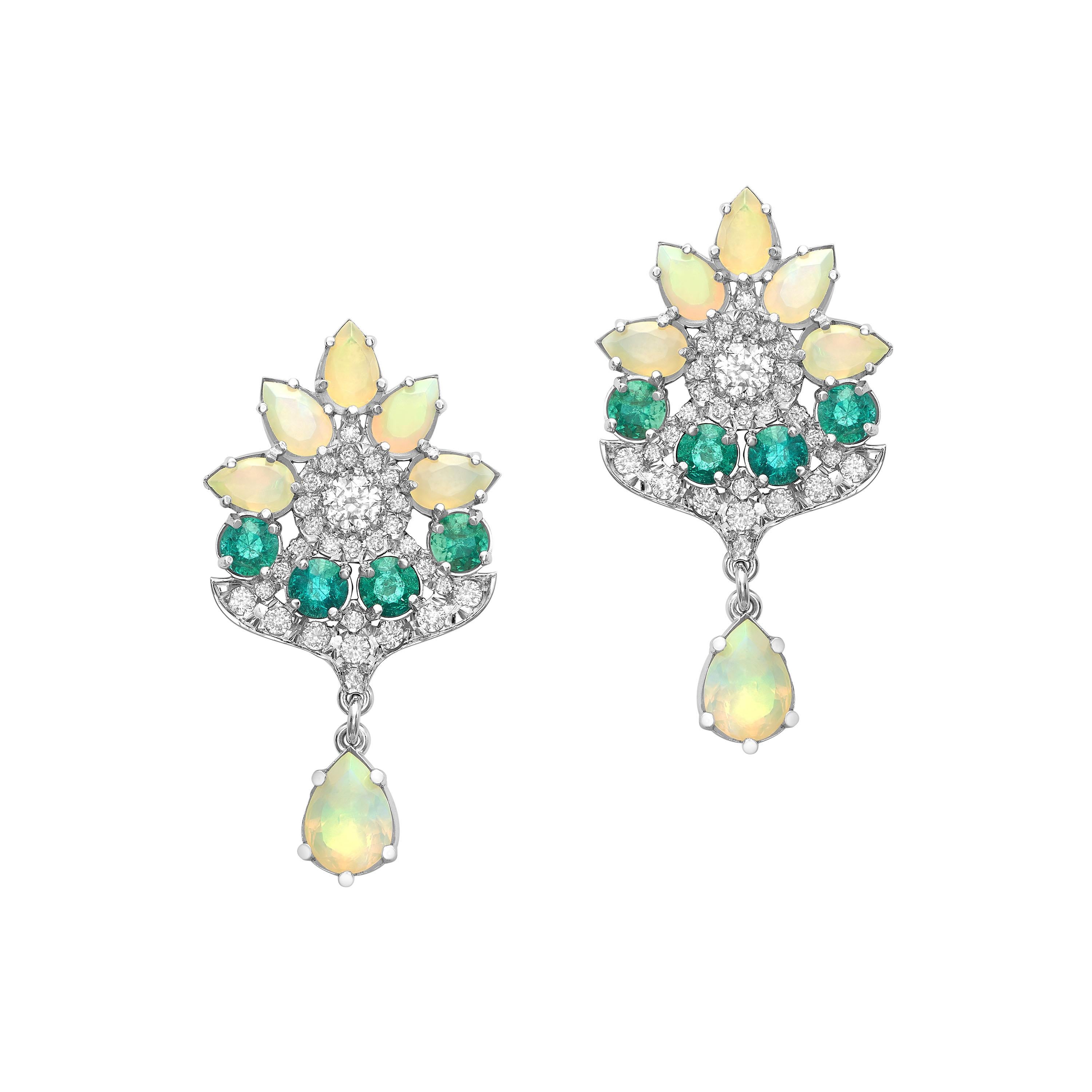 Art Nouveau 18 Karat White Gold Emeralds Diamonds and Opals Floral Dangling Earrings For Sale