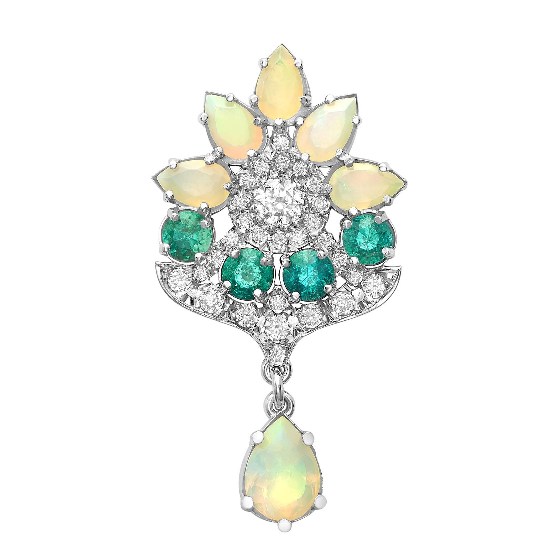 Brilliant Cut 18 Karat White Gold Emeralds Diamonds and Opals Floral Dangling Earrings For Sale