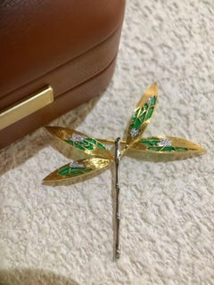 18K White Gold Enameled Dragonfly Brooch with Diamonds & Emeralds
