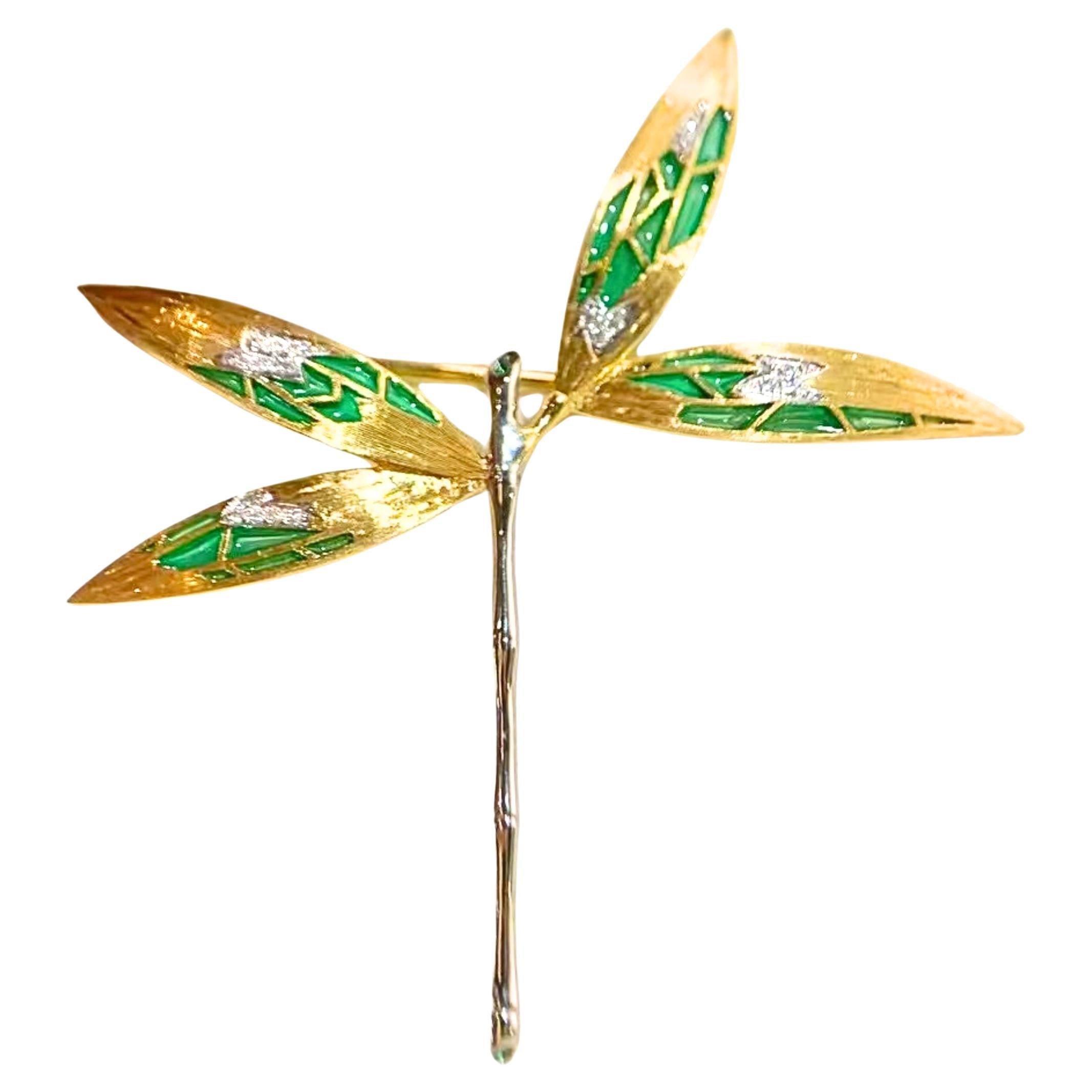 18K White Gold Enameled Dragonfly Brooch with Diamonds & Emeralds