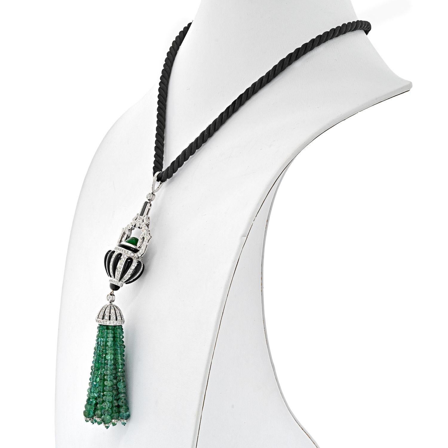Round Cut 18k White Gold Estate Diamond, Onyx and Emerald Bead Tassel Pendant Necklace For Sale