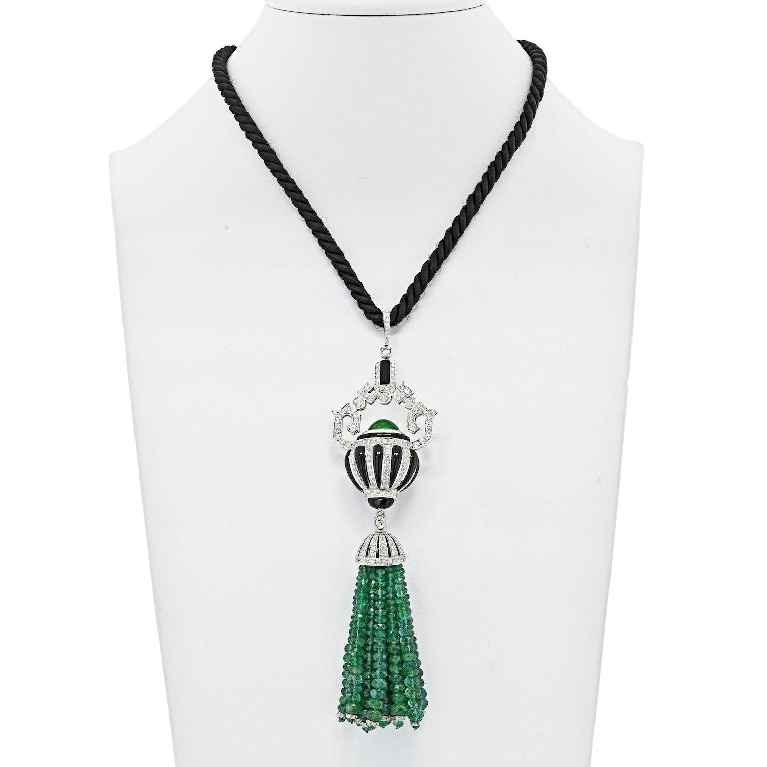 Women's 18k White Gold Estate Diamond, Onyx and Emerald Bead Tassel Pendant Necklace For Sale