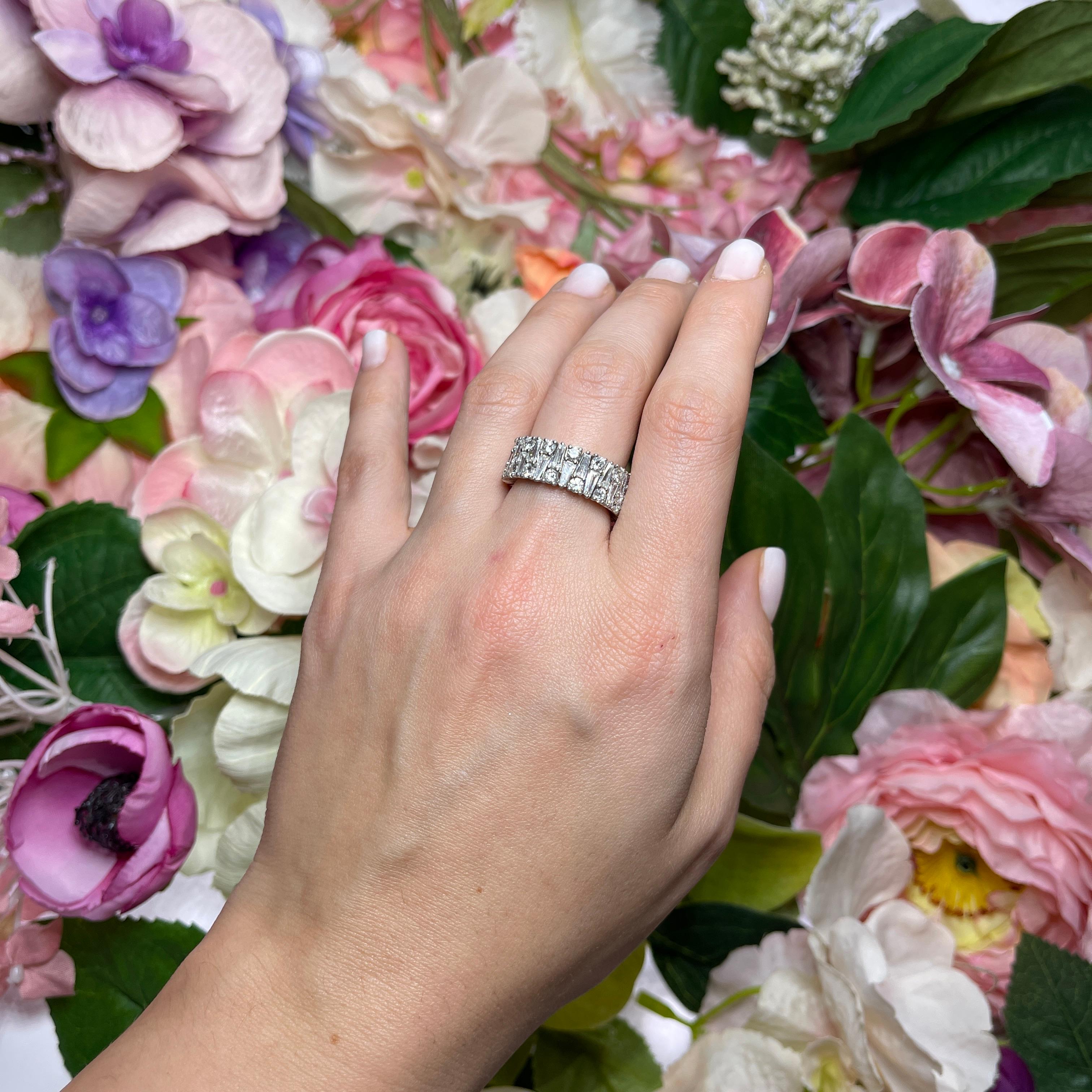 Women's or Men's 18K White Gold Eternity Ring with Brilliant, Trapezoid, and Round-Cut Diamonds For Sale