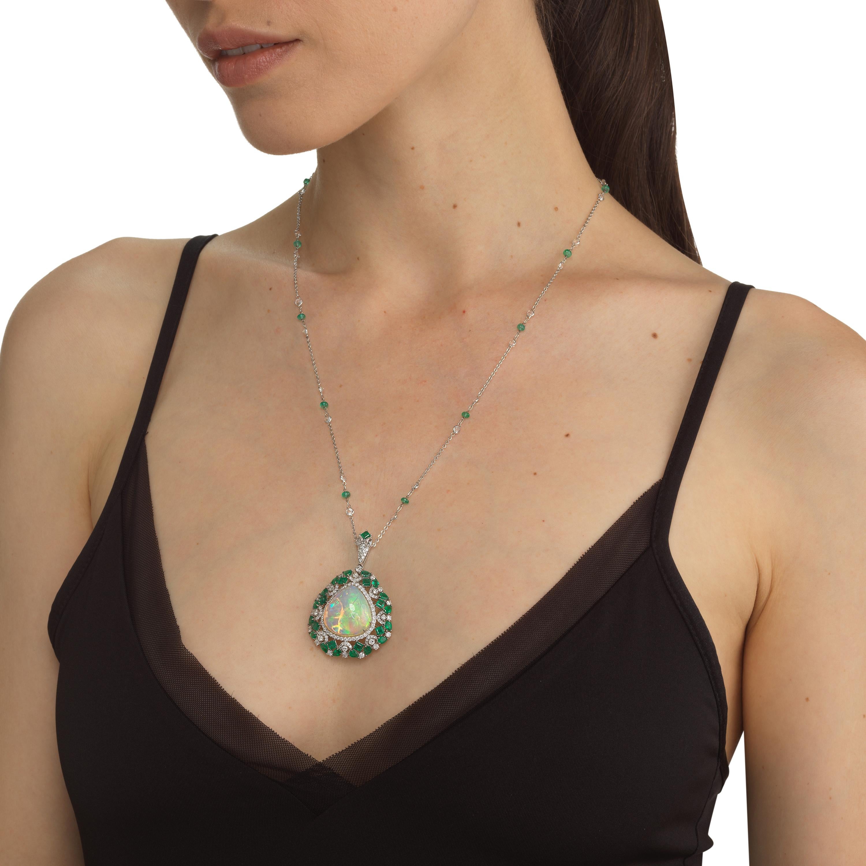 Modern 18k White Gold Ethiopian Opal, Emerald and Diamond Pendant Necklace
