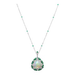 18k White Gold Ethiopian Opal, Emerald and Diamond Pendant Necklace