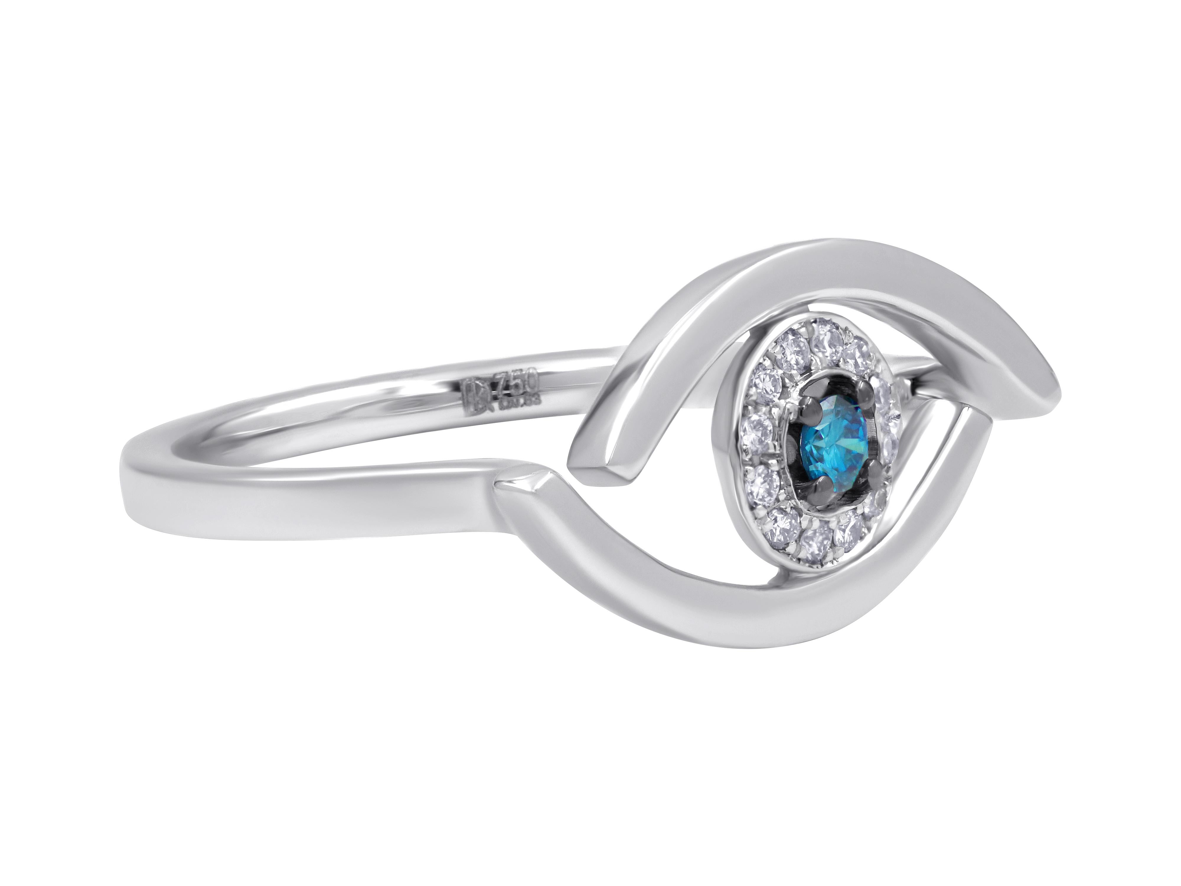 Evil eye ring with clean lines in 18k white gold set with 0.06 carats blue diamond and 0.07 brilliant cut white diamonds. 

Ring face: 0.393X0.787