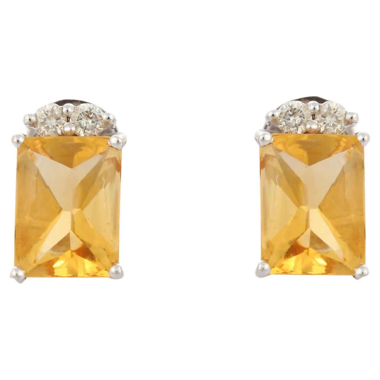 18K White Gold Faceted Octagon Natural Citrine and Diamonds Stud Earrings