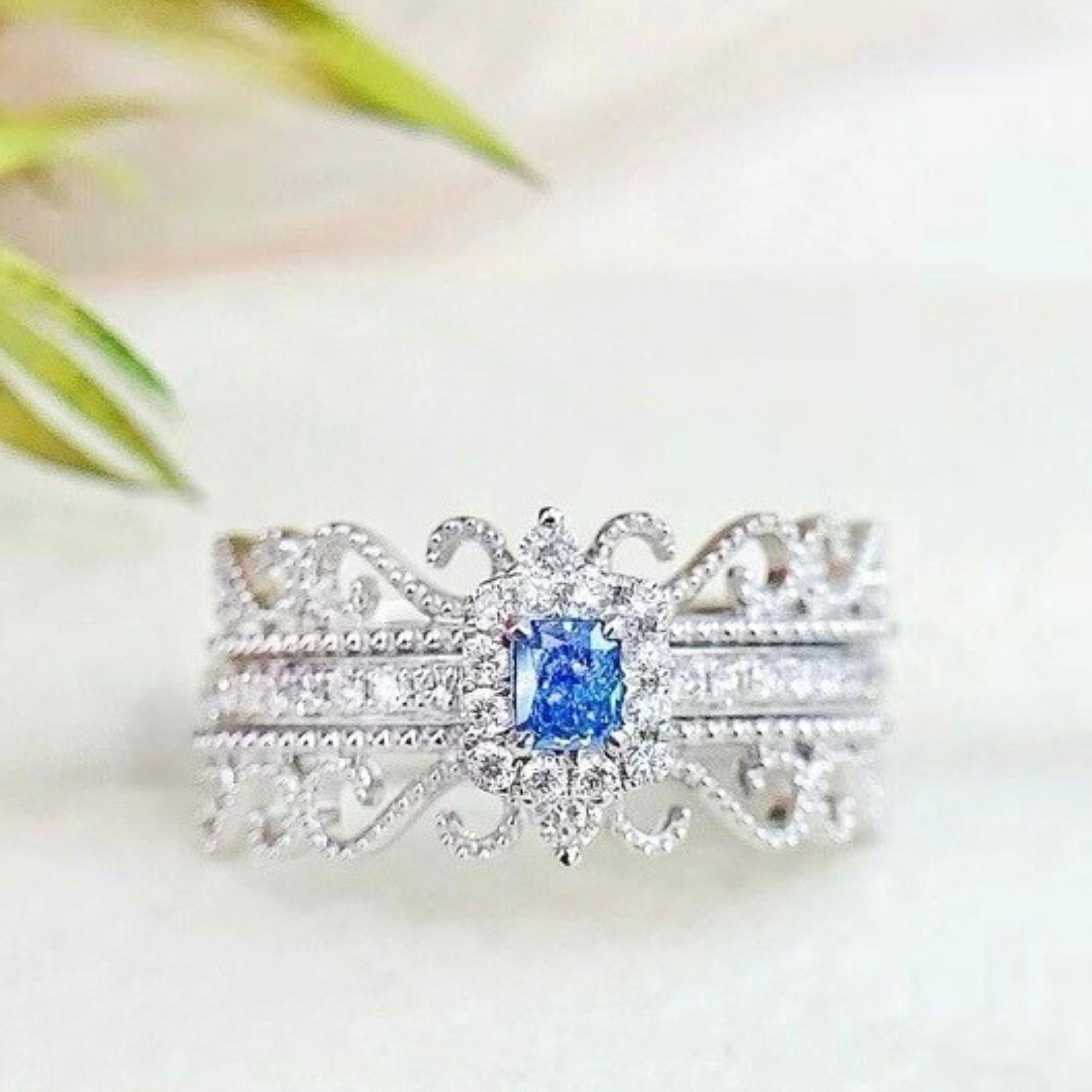 Modern 18K White Gold Fancy Blue Diamond & Diamond Lace Ring For Sale